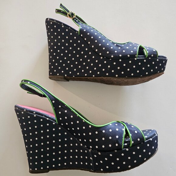8.5 Lilly Pulitzer Peep Toe Wedge Slingback Sandals Lily Navy Blue Polka… - Picture 2 of 6